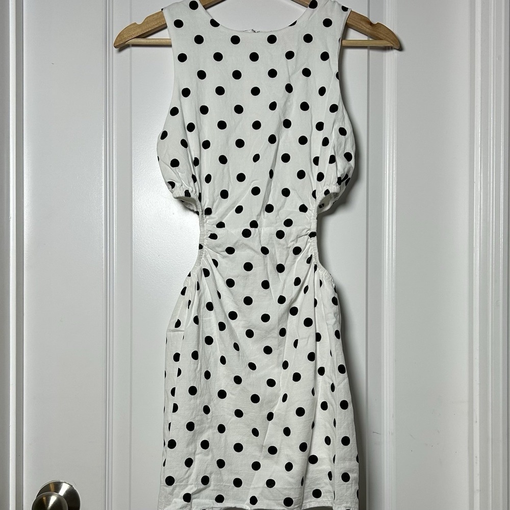 Olivaceous Black White Polka Dot Cutout Waist Mini Dress French Clean Girl Style - Picture 1 of 2